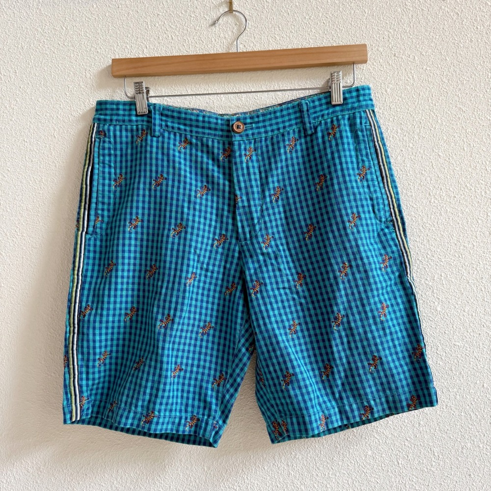 Robert Graham Shorts Mens 34 Teal Lizard Gingham Check Embroidered Side Stripe